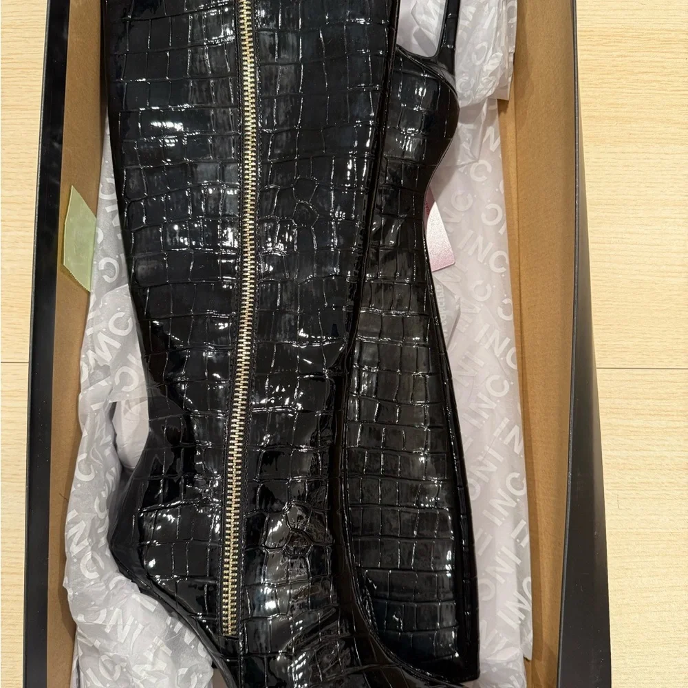 INC International Concepts Black Croc-Embossed Pointed-Toe Stiletto Knee Boots - Picture 2 of 4